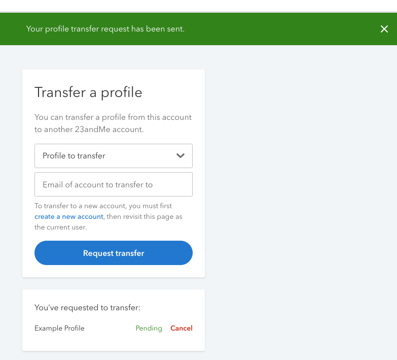Image shows the profile transfer portal for the initiating account after they have confirmed the transfer in the email they received