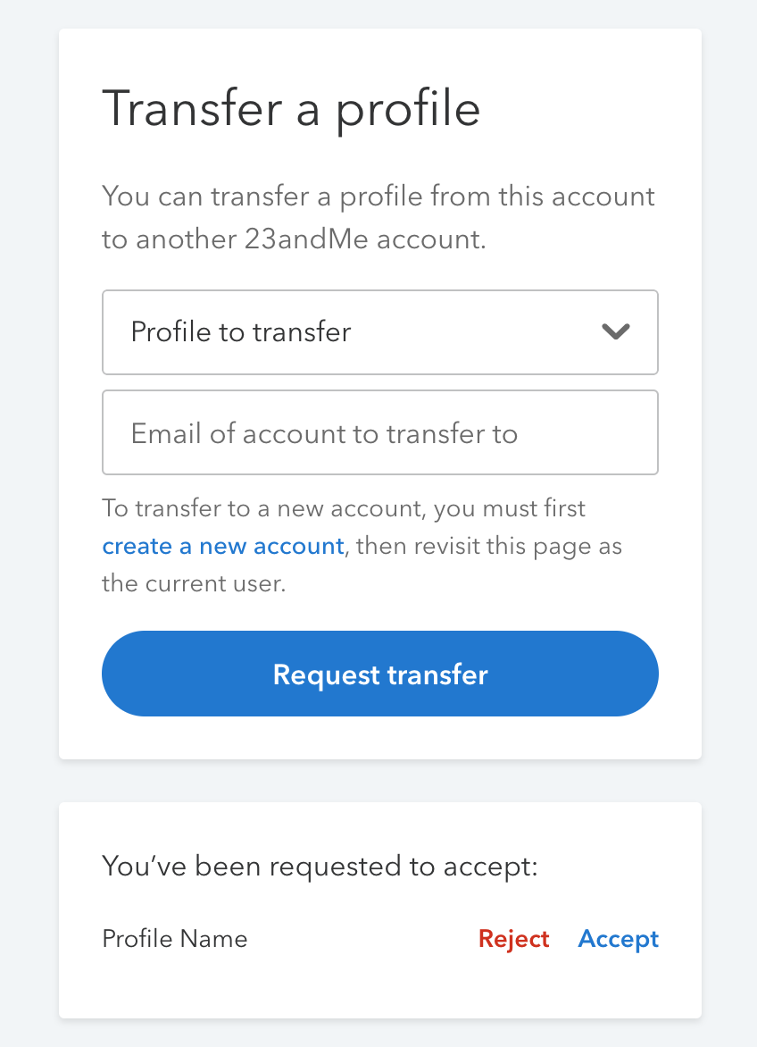 Image shows the profile transfer portal for the destination account, who may select to accept or reject the transfer